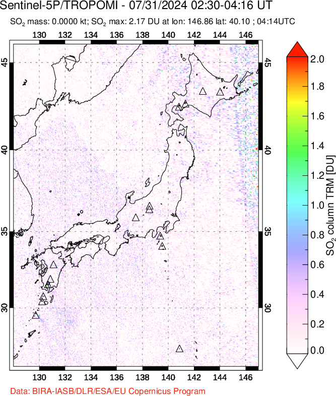 A sulfur dioxide image over Japan on Jul 31, 2024.