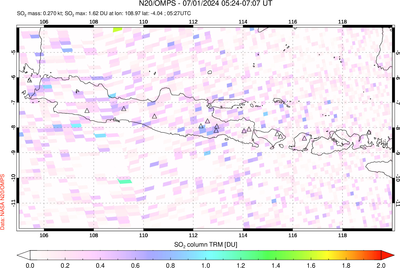 A sulfur dioxide image over Java, Indonesia on Jul 01, 2024.