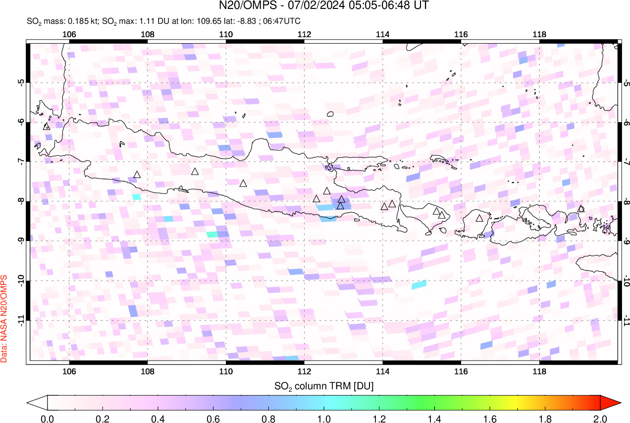 A sulfur dioxide image over Java, Indonesia on Jul 02, 2024.