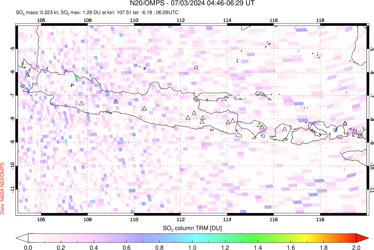 A sulfur dioxide image over Java, Indonesia on Jul 03, 2024.