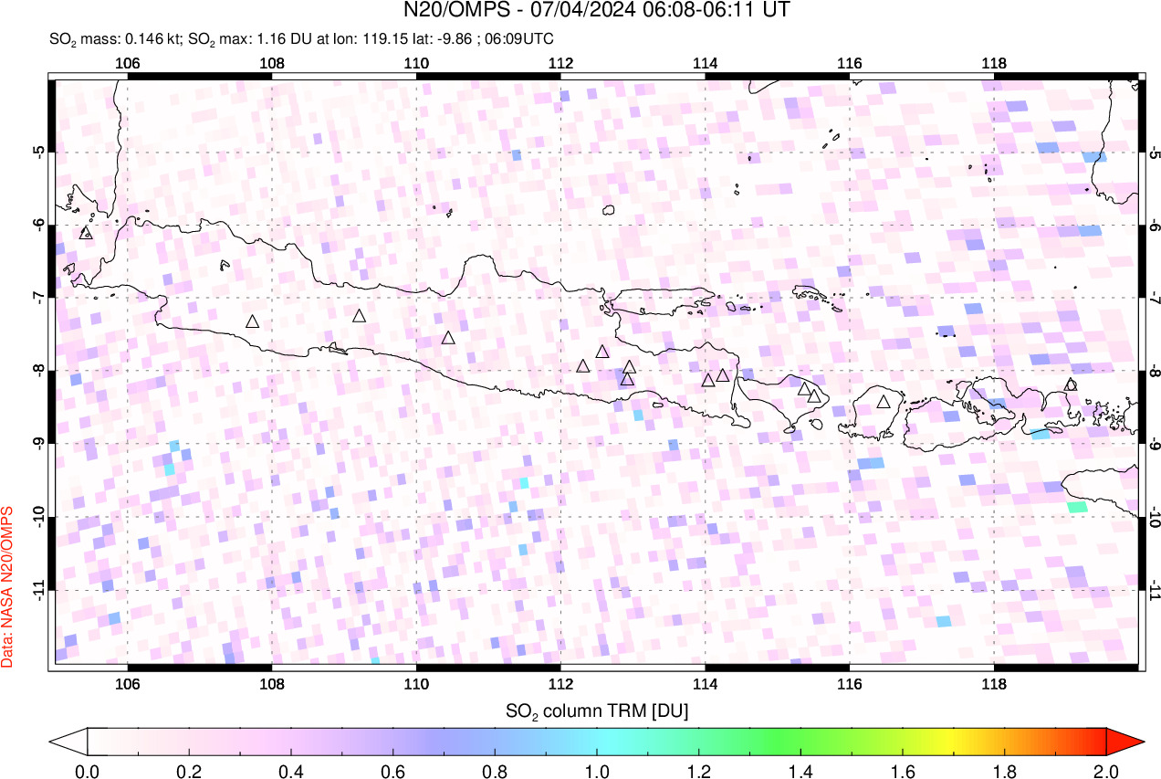 A sulfur dioxide image over Java, Indonesia on Jul 04, 2024.