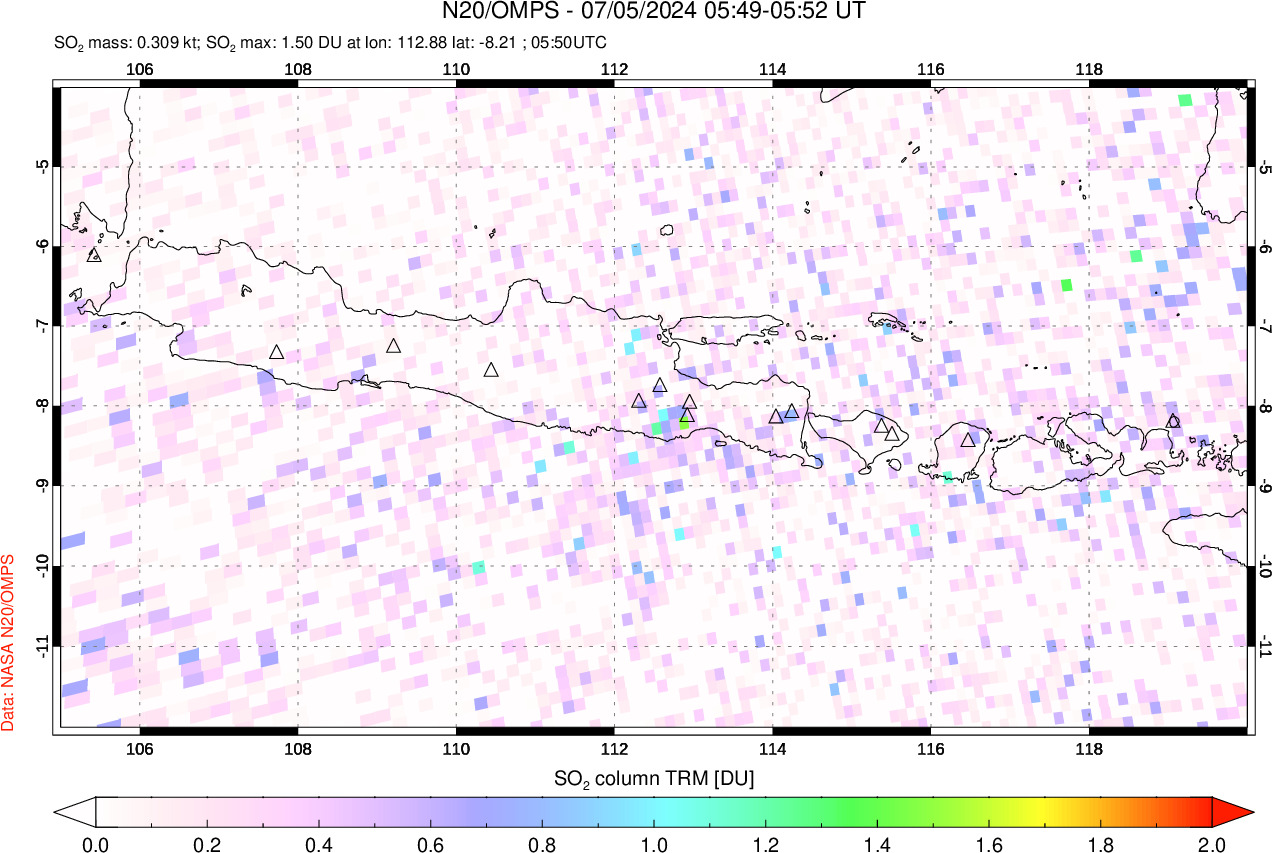 A sulfur dioxide image over Java, Indonesia on Jul 05, 2024.