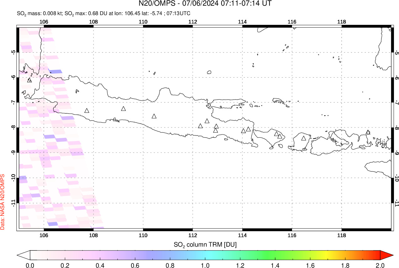 A sulfur dioxide image over Java, Indonesia on Jul 06, 2024.