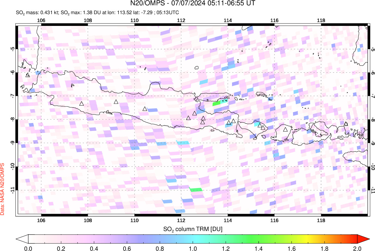 A sulfur dioxide image over Java, Indonesia on Jul 07, 2024.