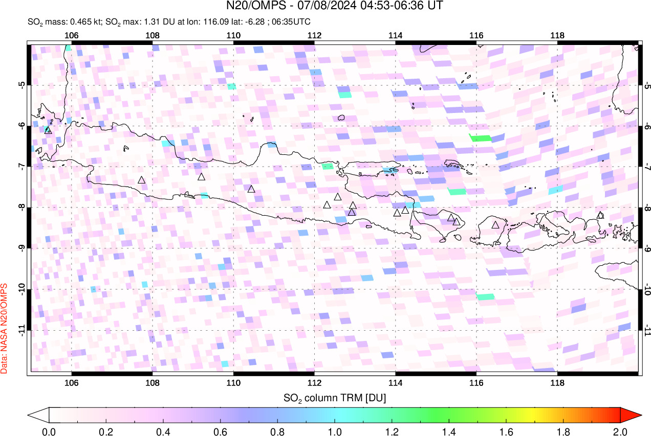 A sulfur dioxide image over Java, Indonesia on Jul 08, 2024.