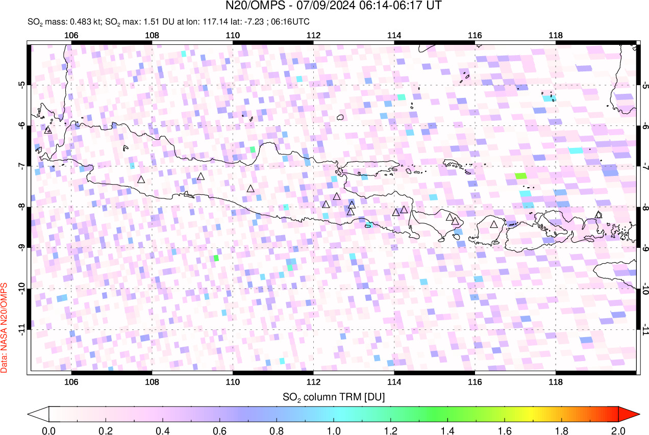 A sulfur dioxide image over Java, Indonesia on Jul 09, 2024.