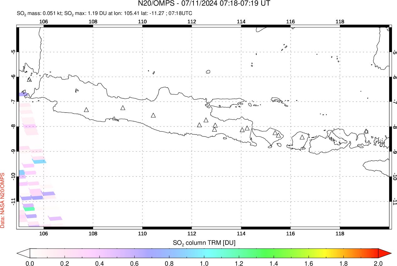 A sulfur dioxide image over Java, Indonesia on Jul 11, 2024.