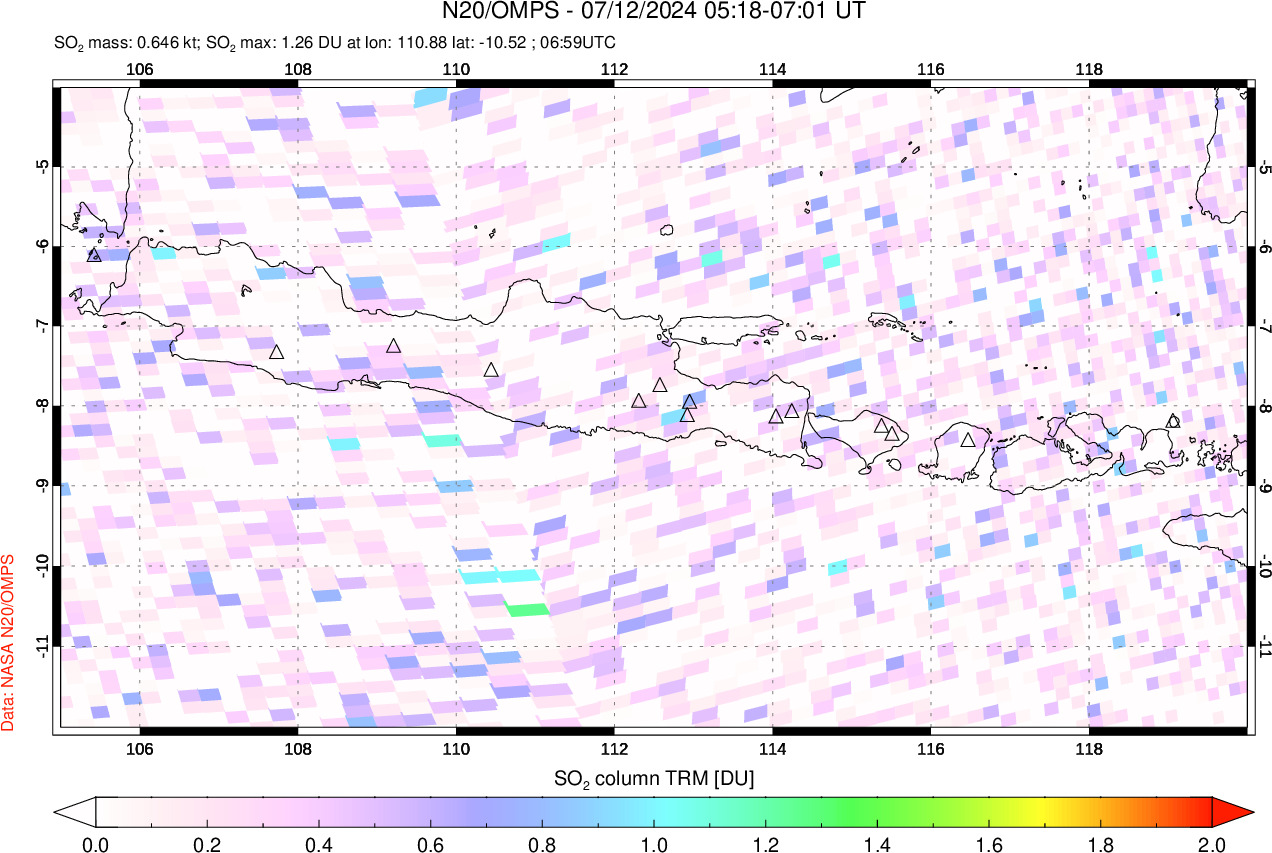 A sulfur dioxide image over Java, Indonesia on Jul 12, 2024.