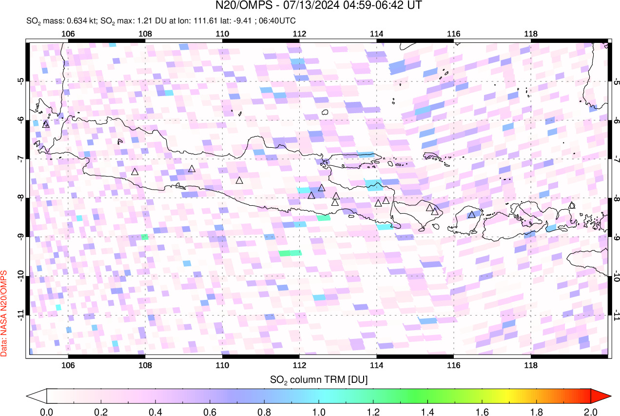 A sulfur dioxide image over Java, Indonesia on Jul 13, 2024.