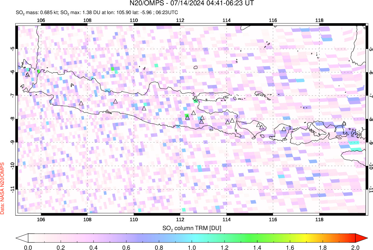 A sulfur dioxide image over Java, Indonesia on Jul 14, 2024.