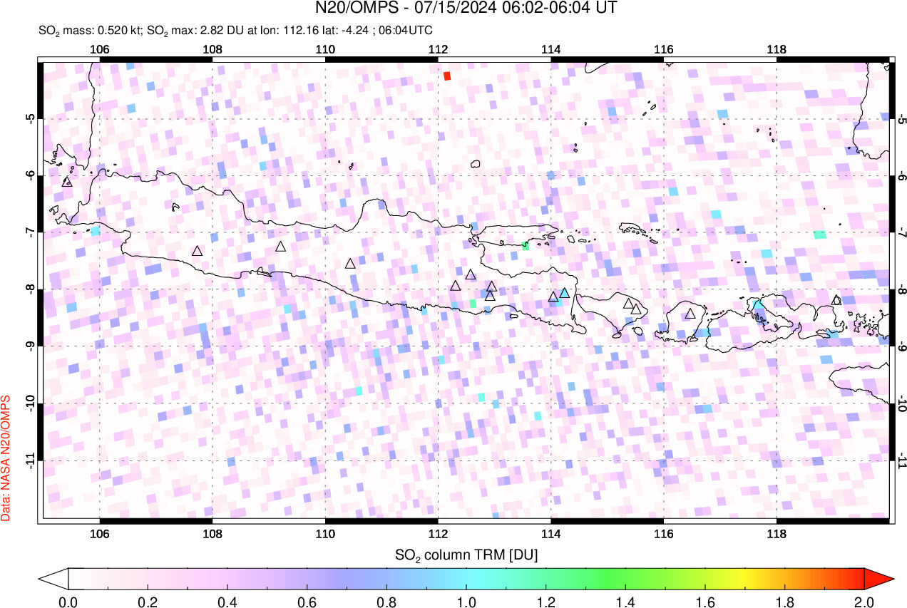 A sulfur dioxide image over Java, Indonesia on Jul 15, 2024.