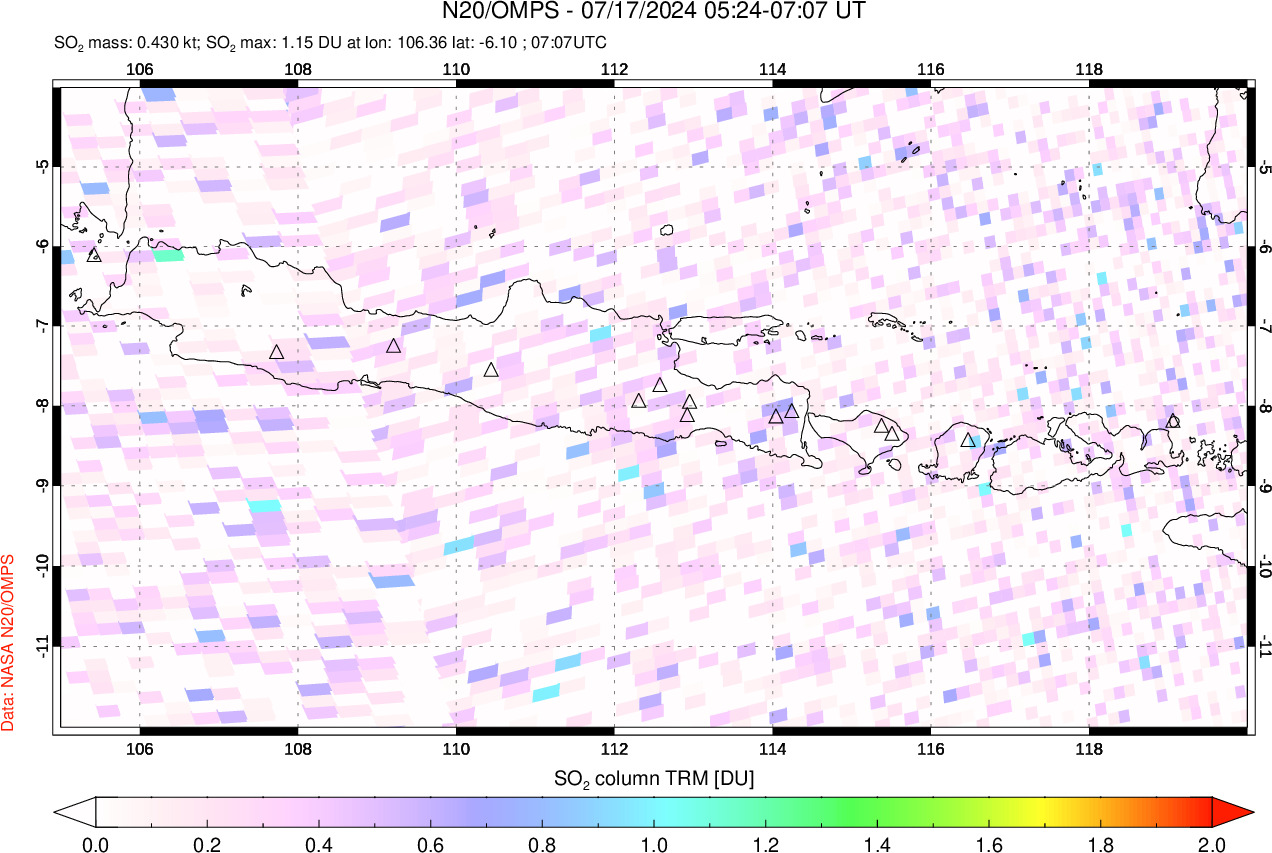 A sulfur dioxide image over Java, Indonesia on Jul 17, 2024.