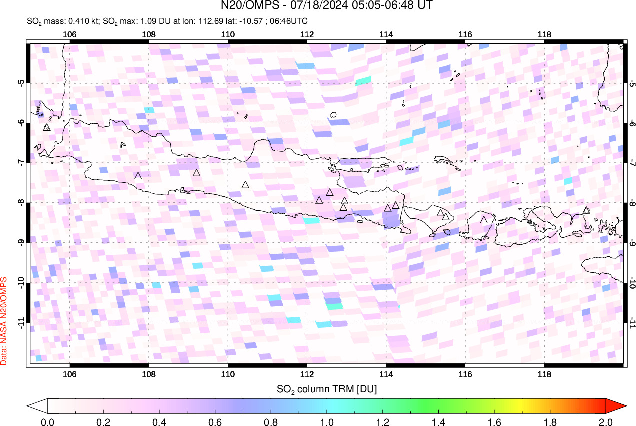 A sulfur dioxide image over Java, Indonesia on Jul 18, 2024.