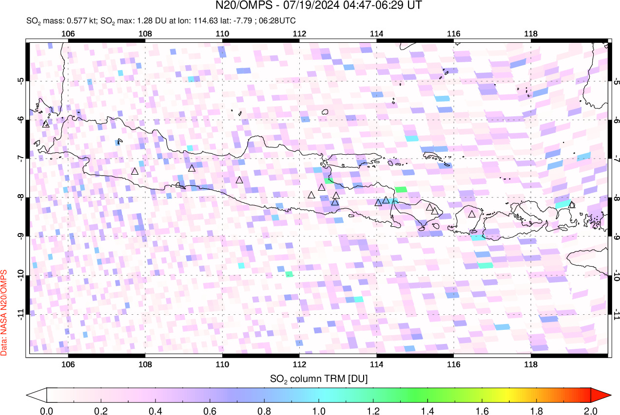 A sulfur dioxide image over Java, Indonesia on Jul 19, 2024.