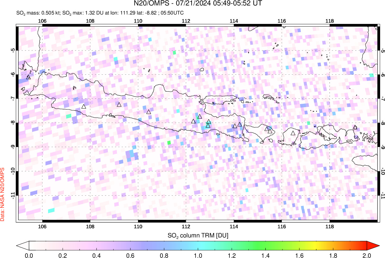 A sulfur dioxide image over Java, Indonesia on Jul 21, 2024.