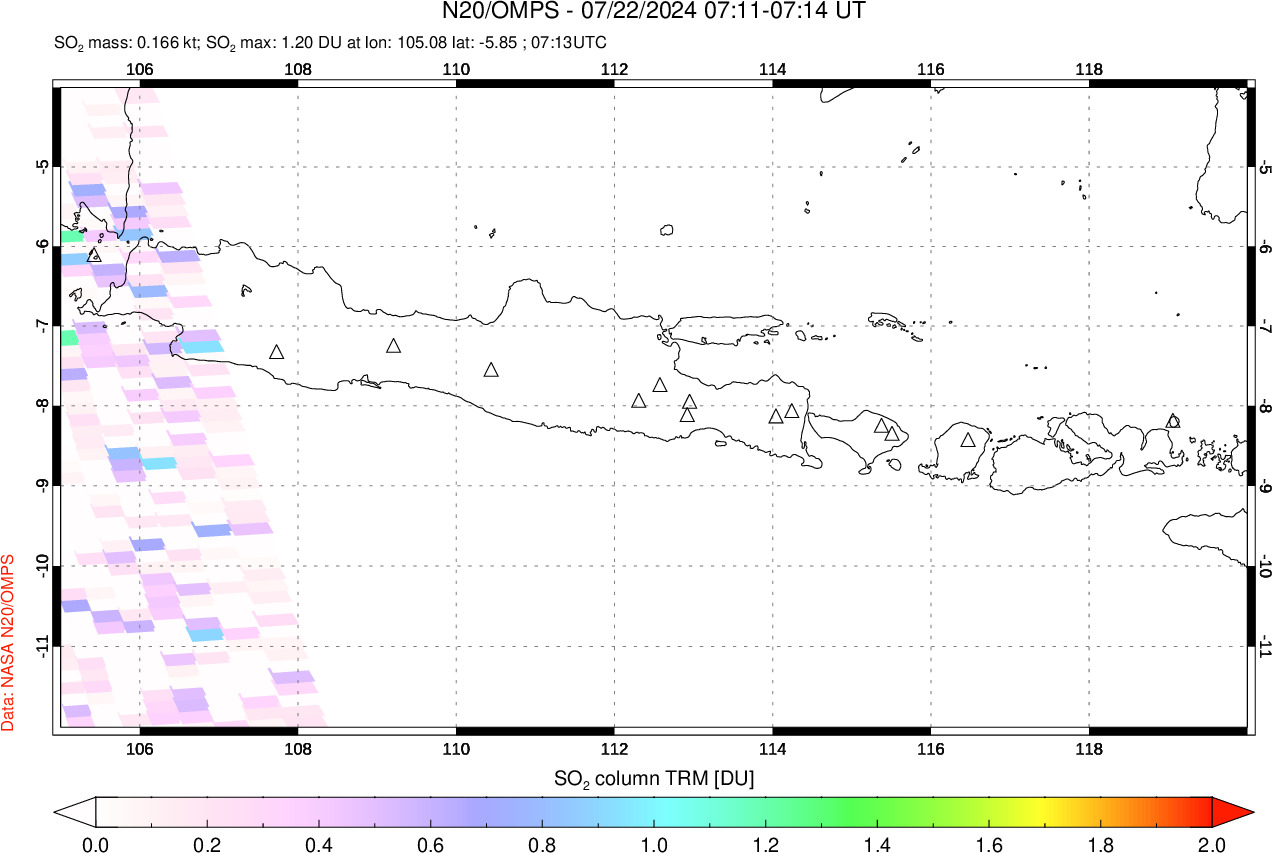 A sulfur dioxide image over Java, Indonesia on Jul 22, 2024.