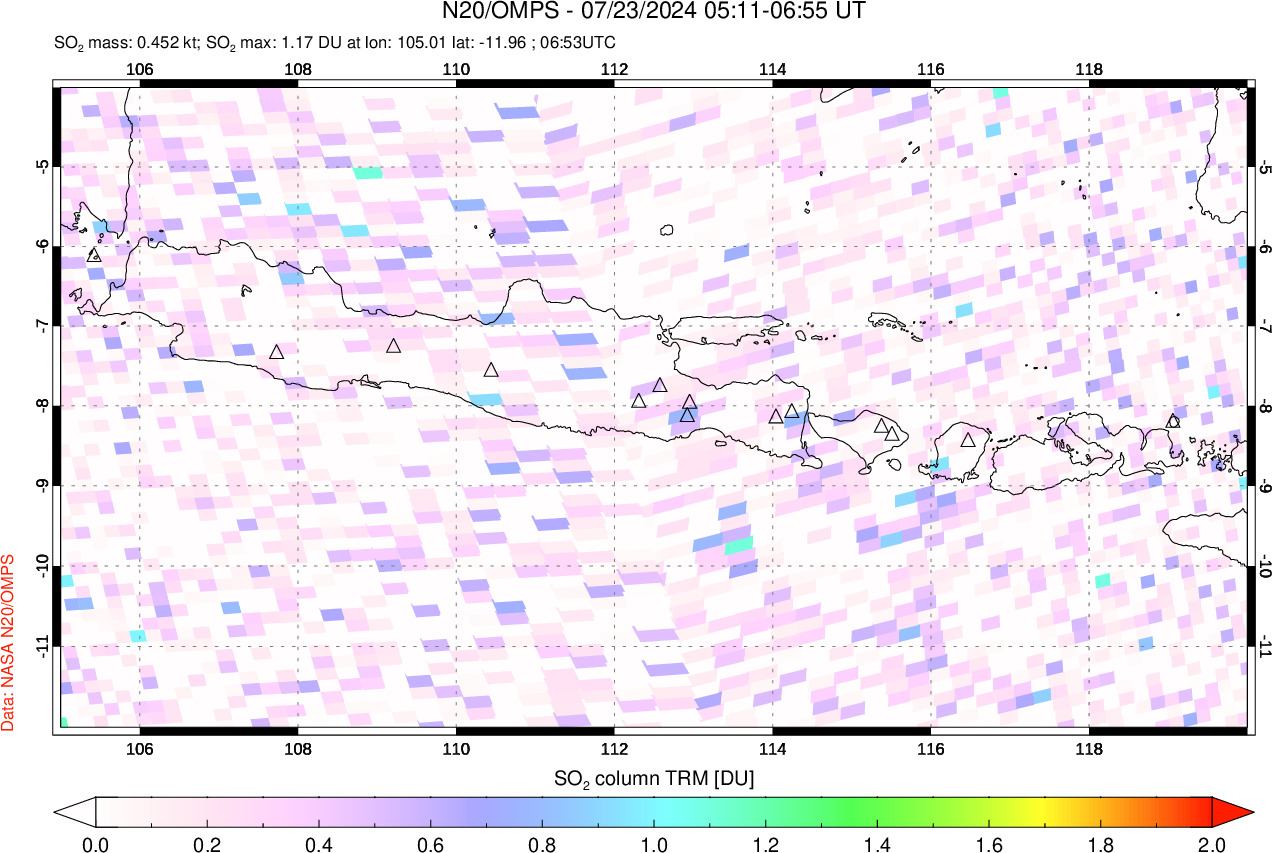 A sulfur dioxide image over Java, Indonesia on Jul 23, 2024.