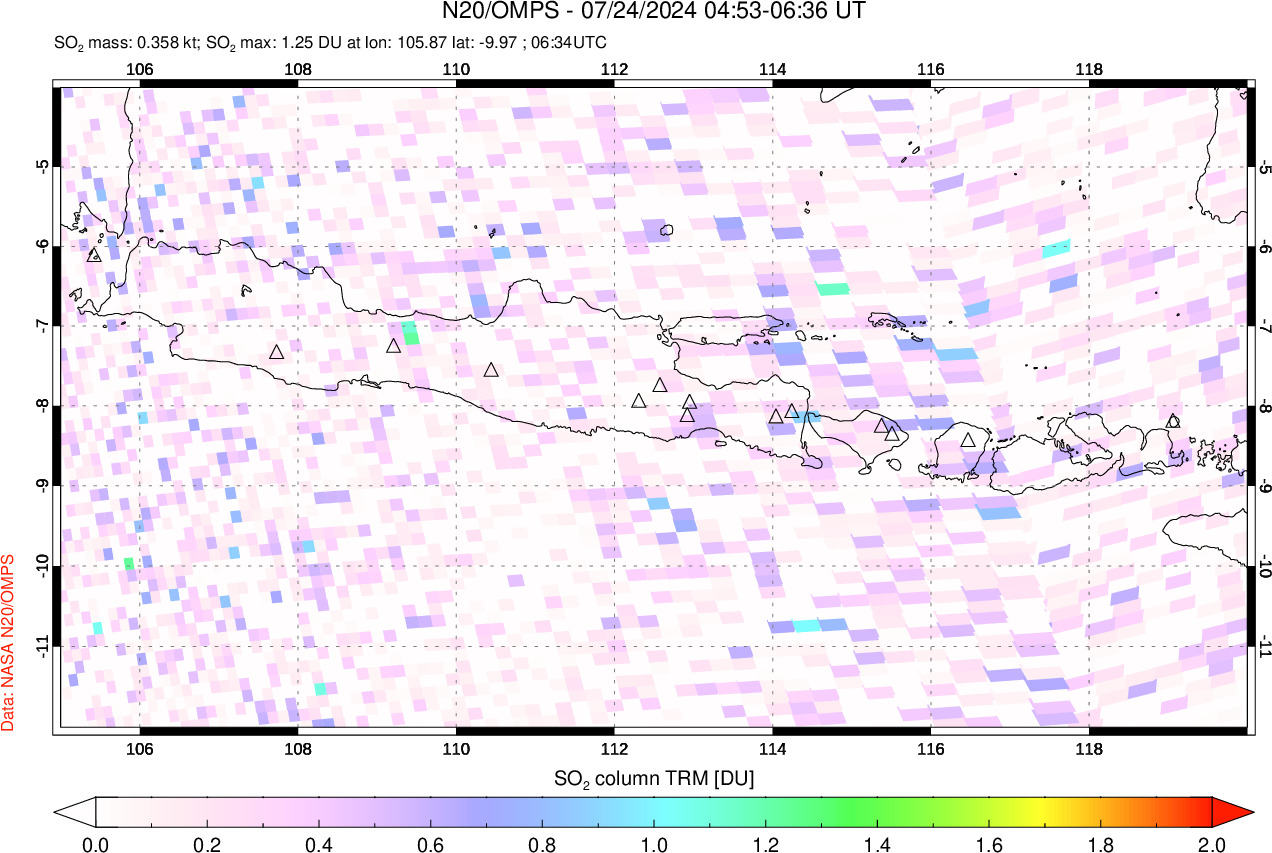 A sulfur dioxide image over Java, Indonesia on Jul 24, 2024.