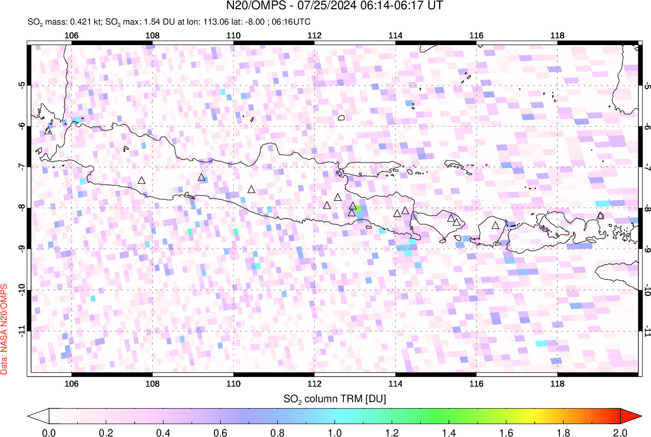 A sulfur dioxide image over Java, Indonesia on Jul 25, 2024.