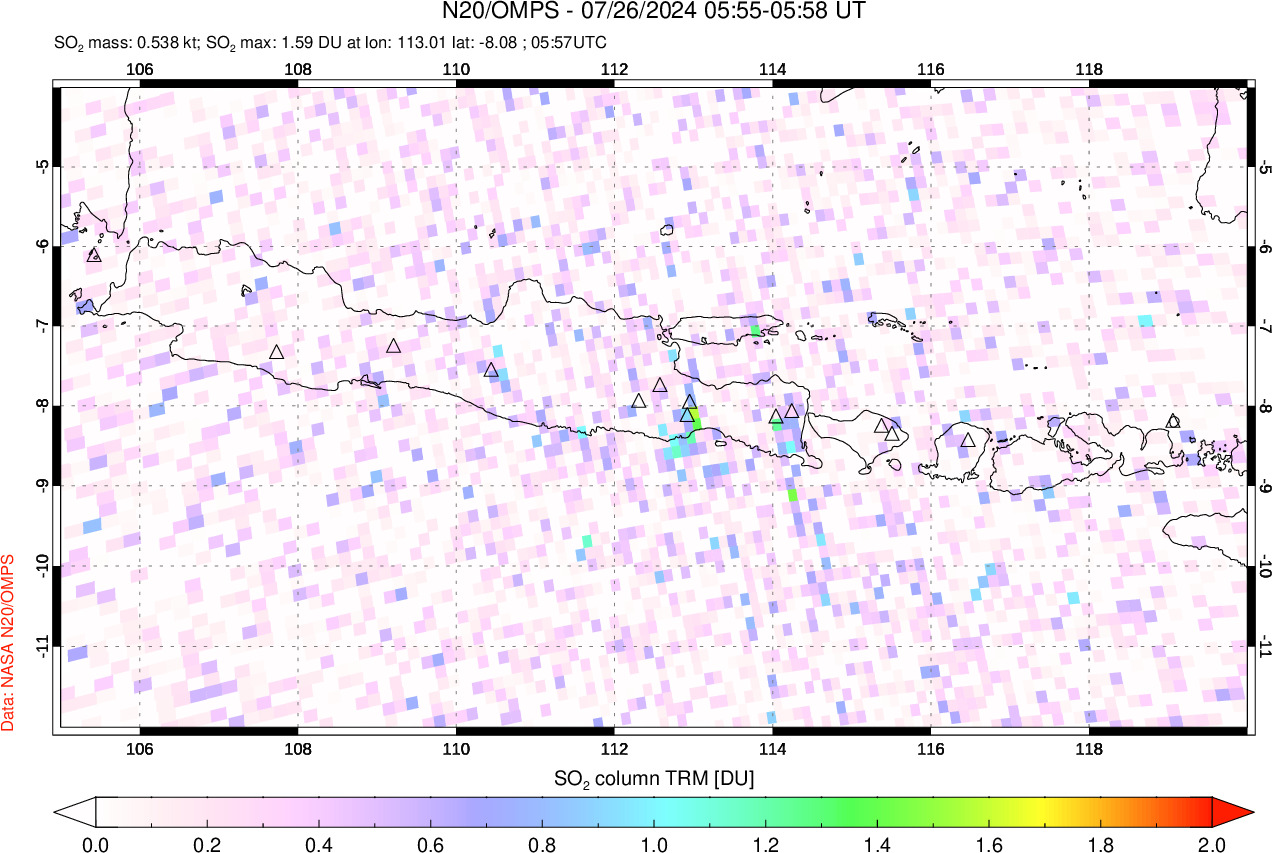 A sulfur dioxide image over Java, Indonesia on Jul 26, 2024.