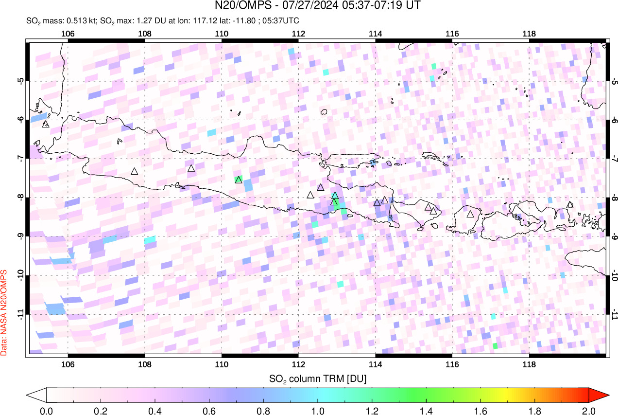 A sulfur dioxide image over Java, Indonesia on Jul 27, 2024.