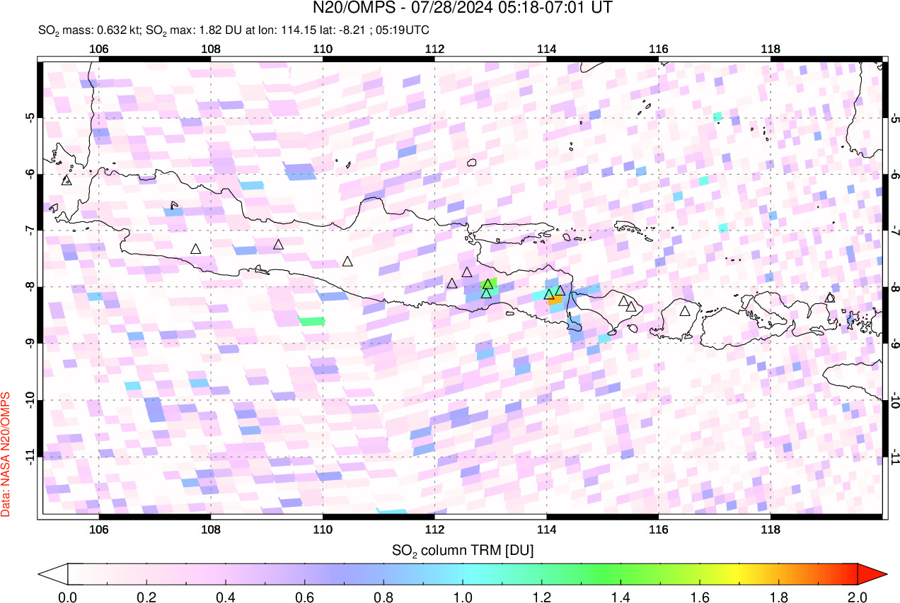 A sulfur dioxide image over Java, Indonesia on Jul 28, 2024.