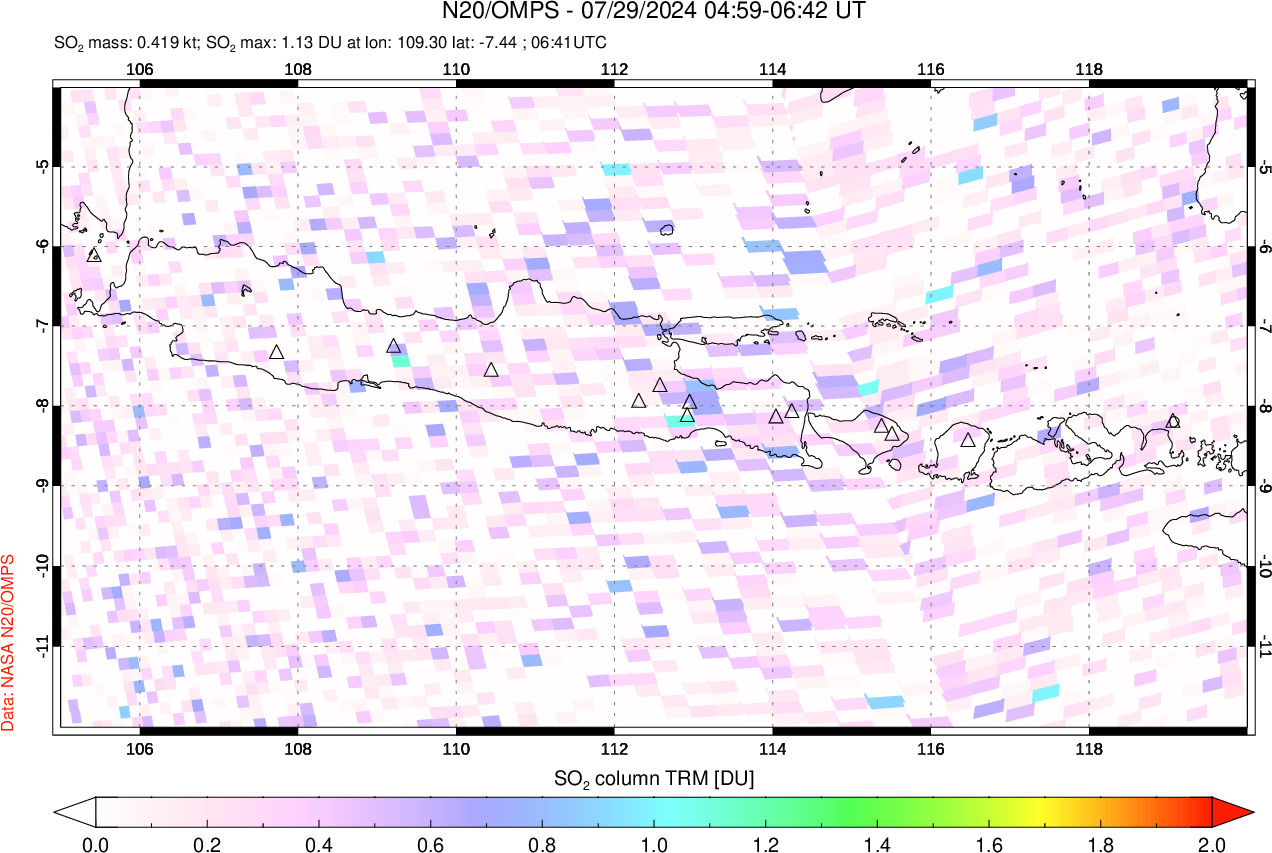 A sulfur dioxide image over Java, Indonesia on Jul 29, 2024.