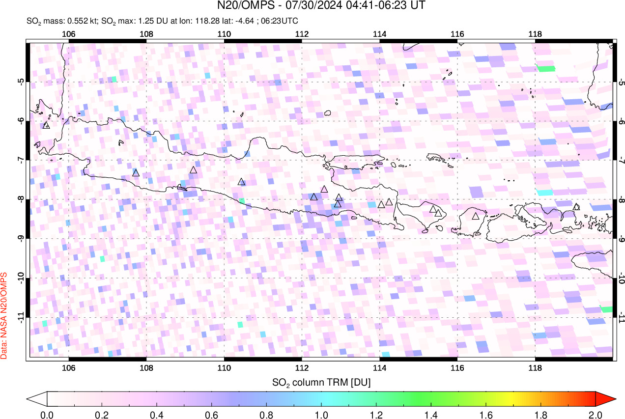 A sulfur dioxide image over Java, Indonesia on Jul 30, 2024.