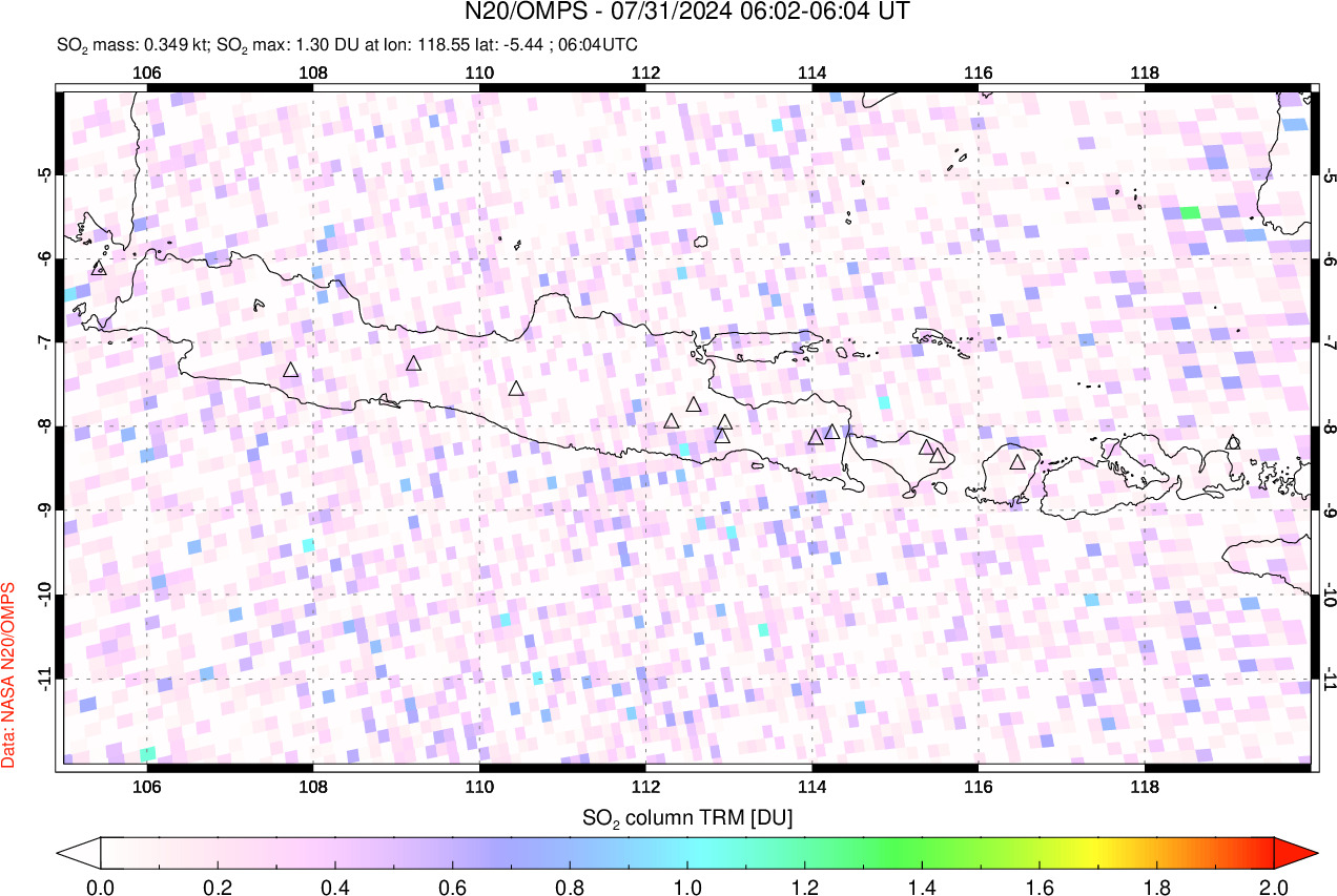 A sulfur dioxide image over Java, Indonesia on Jul 31, 2024.