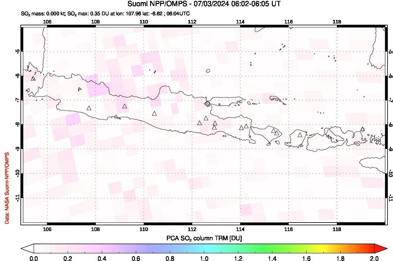 A sulfur dioxide image over Java, Indonesia on Jul 03, 2024.