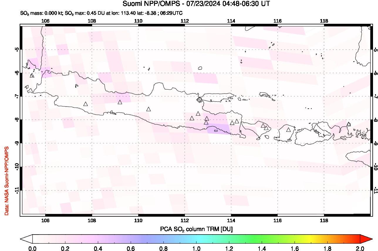 A sulfur dioxide image over Java, Indonesia on Jul 23, 2024.