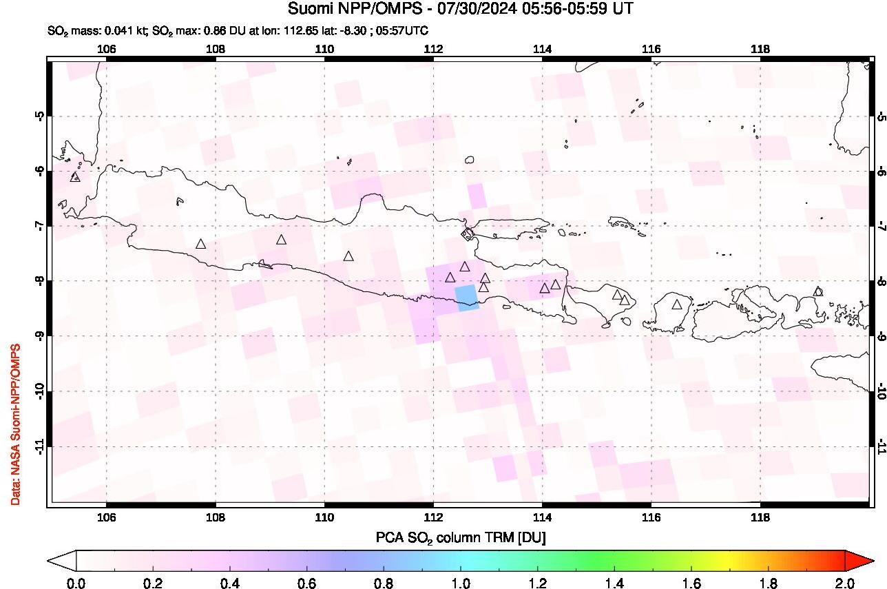 A sulfur dioxide image over Java, Indonesia on Jul 30, 2024.