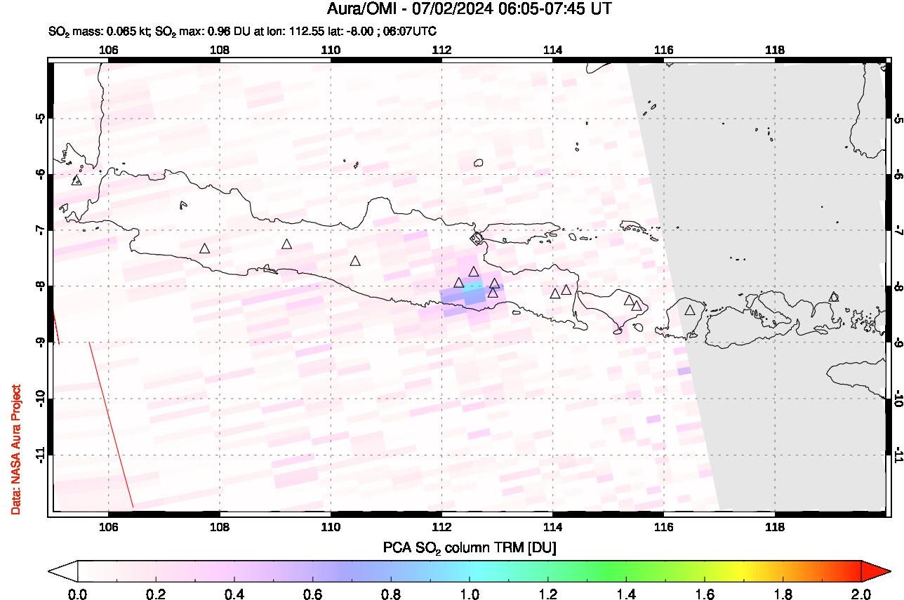 A sulfur dioxide image over Java, Indonesia on Jul 02, 2024.