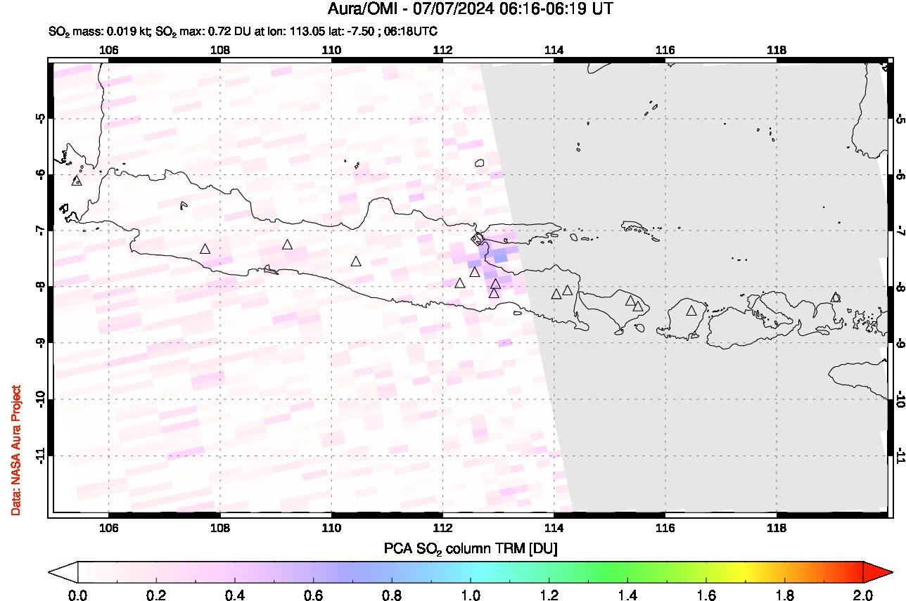 A sulfur dioxide image over Java, Indonesia on Jul 07, 2024.