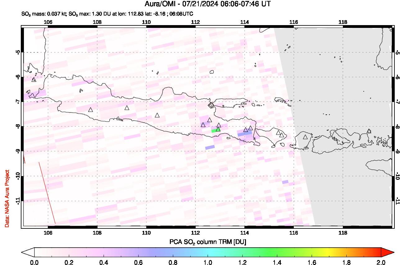 A sulfur dioxide image over Java, Indonesia on Jul 21, 2024.