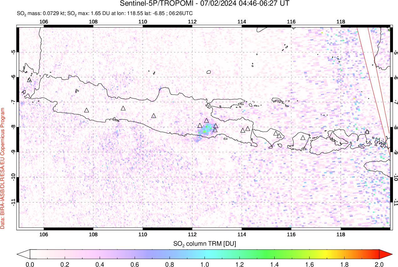 A sulfur dioxide image over Java, Indonesia on Jul 02, 2024.