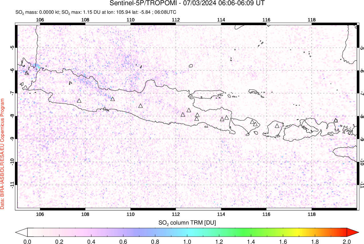 A sulfur dioxide image over Java, Indonesia on Jul 03, 2024.