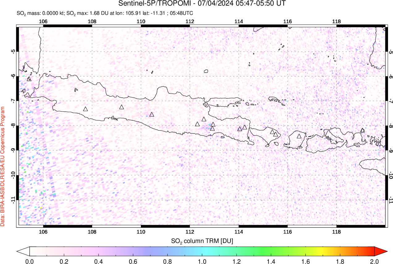 A sulfur dioxide image over Java, Indonesia on Jul 04, 2024.