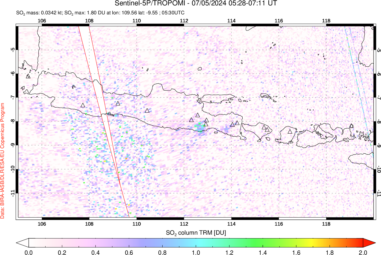 A sulfur dioxide image over Java, Indonesia on Jul 05, 2024.