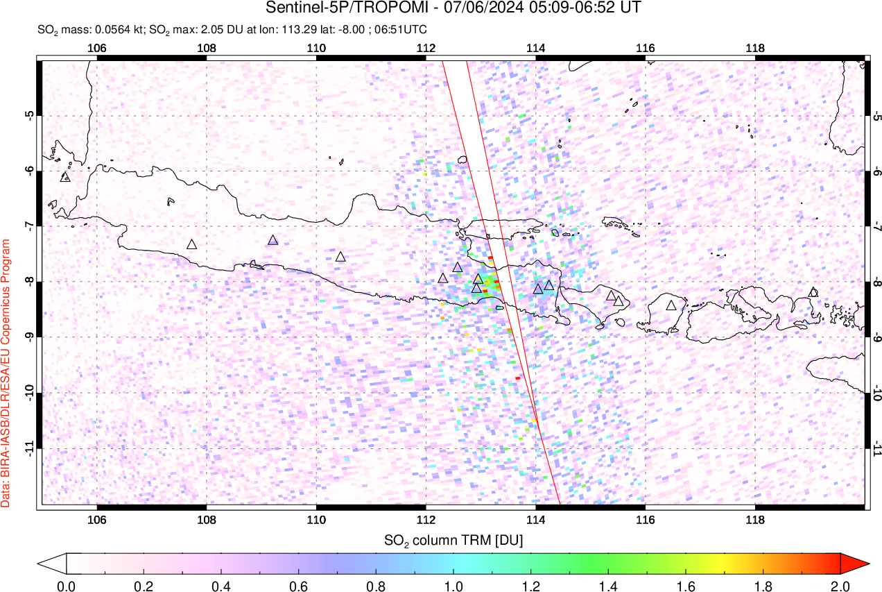 A sulfur dioxide image over Java, Indonesia on Jul 06, 2024.