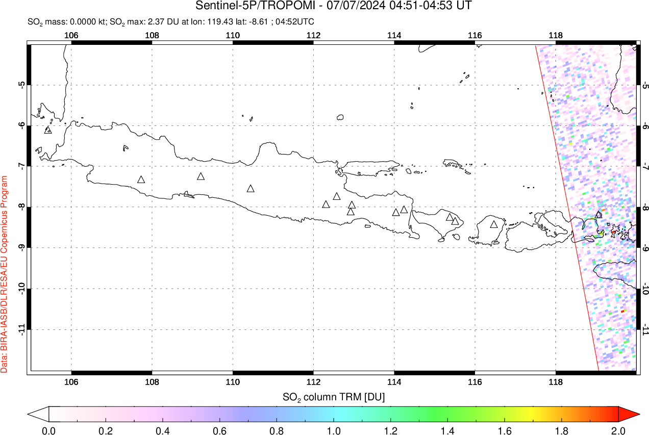 A sulfur dioxide image over Java, Indonesia on Jul 07, 2024.