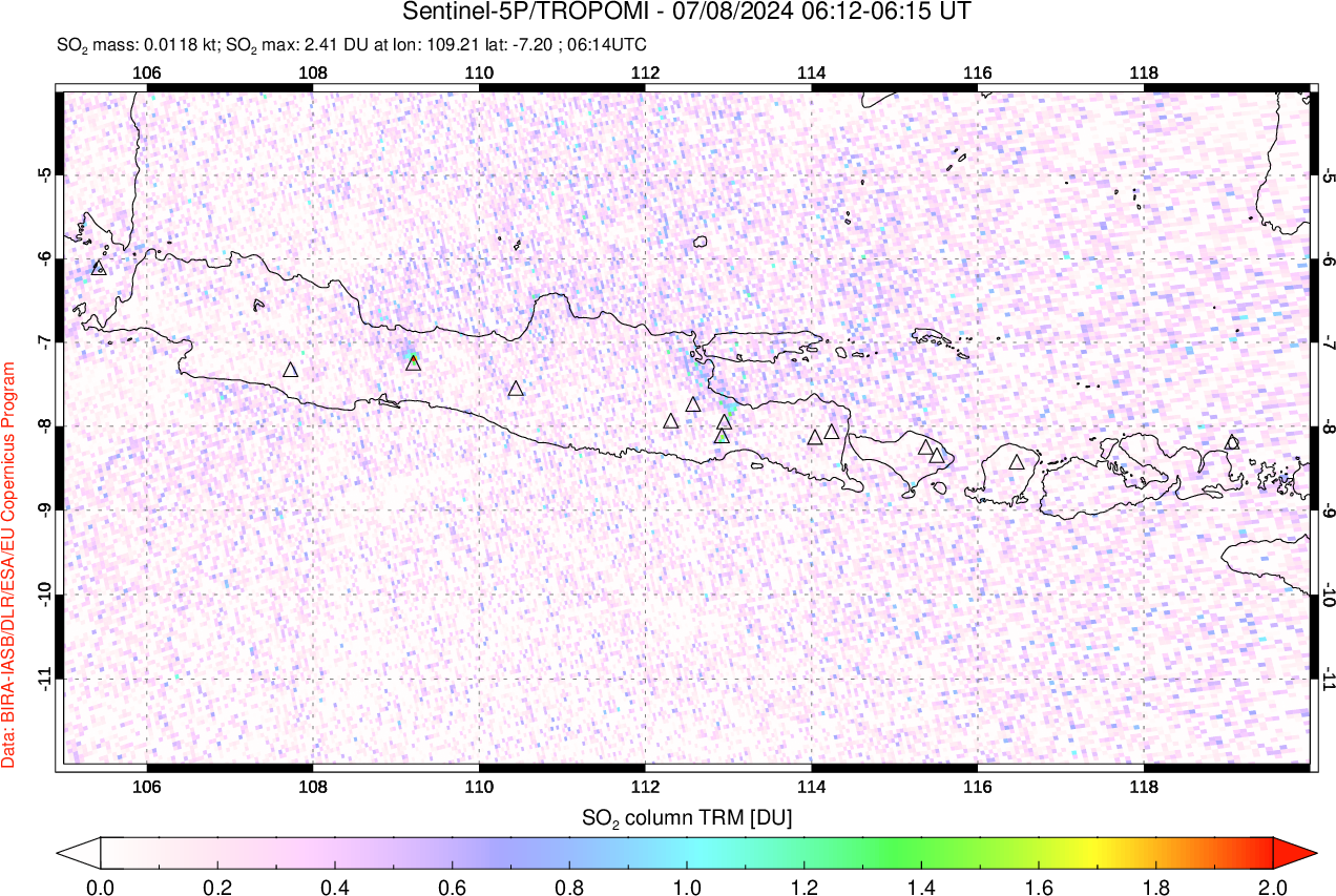 A sulfur dioxide image over Java, Indonesia on Jul 08, 2024.