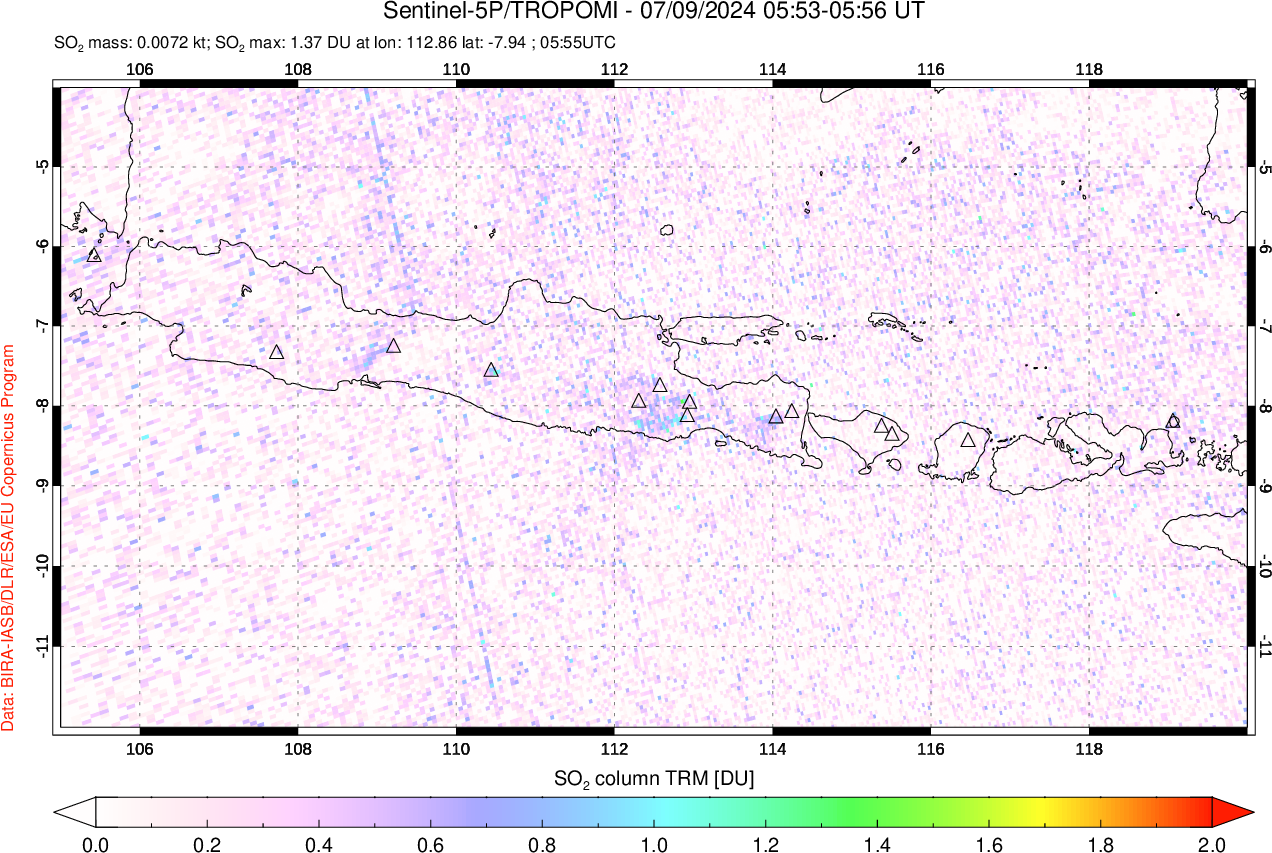 A sulfur dioxide image over Java, Indonesia on Jul 09, 2024.