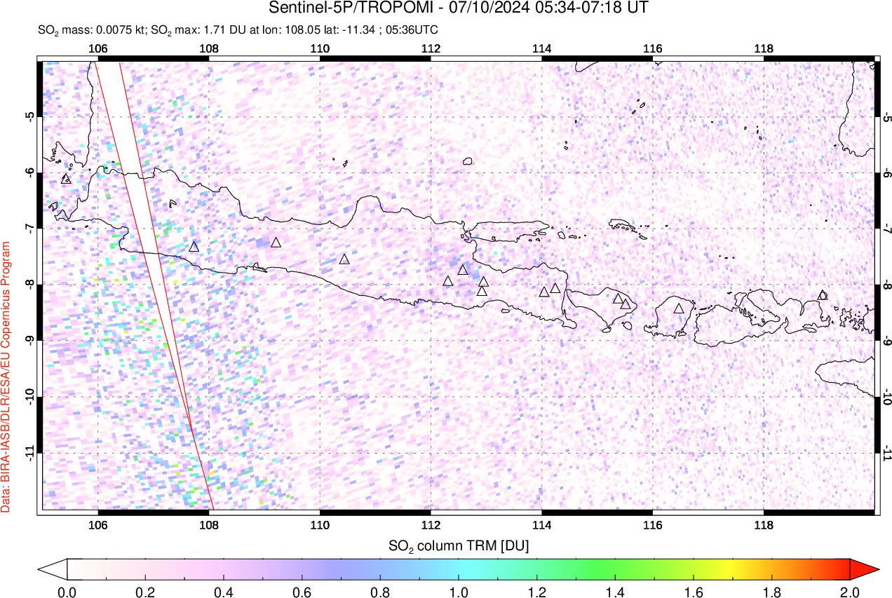 A sulfur dioxide image over Java, Indonesia on Jul 10, 2024.