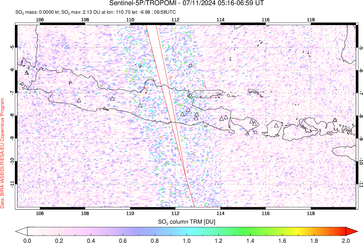 A sulfur dioxide image over Java, Indonesia on Jul 11, 2024.