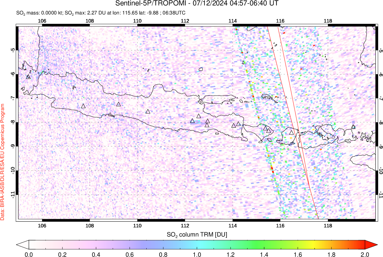 A sulfur dioxide image over Java, Indonesia on Jul 12, 2024.