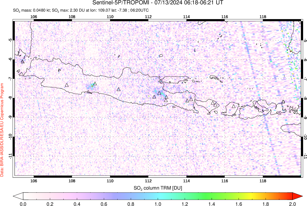 A sulfur dioxide image over Java, Indonesia on Jul 13, 2024.