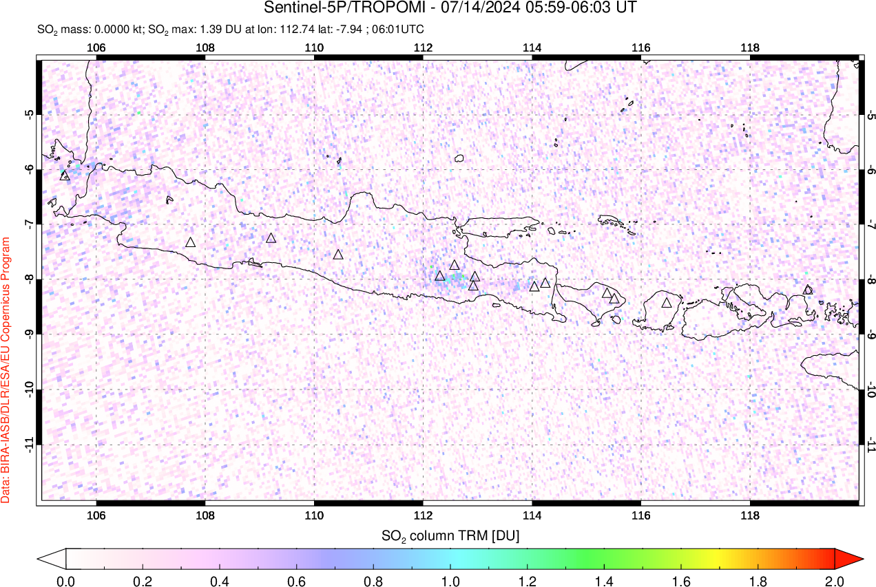 A sulfur dioxide image over Java, Indonesia on Jul 14, 2024.