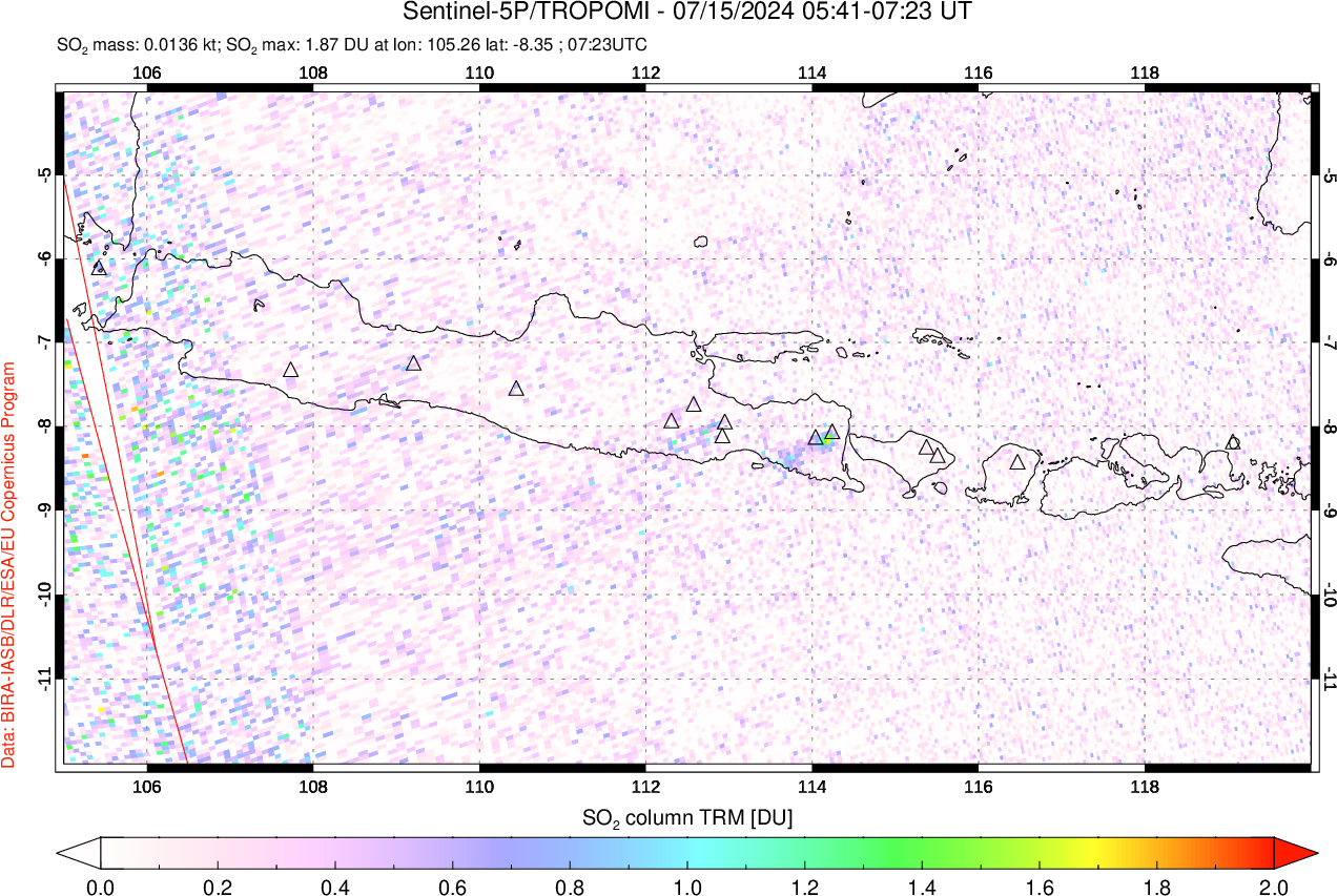 A sulfur dioxide image over Java, Indonesia on Jul 15, 2024.