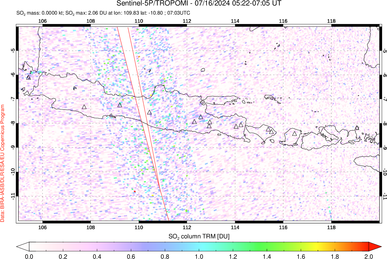 A sulfur dioxide image over Java, Indonesia on Jul 16, 2024.